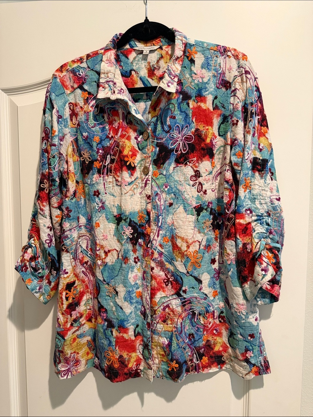 John Mark embroidered colorful button down top size small